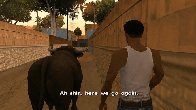 A screenshot from Grand Theft Auto: San Andreas shows Carl "CJ" Johnson walking alongside a bull down a narrow alley, with the subtitle "Ah shit, here we go again." The meme humorously relates to Michael Saylor's Bitcoin sell-off news, comparing the repeated "bull market" pattern to the infamous GTA quote, suggesting another inevitable downturn follows.