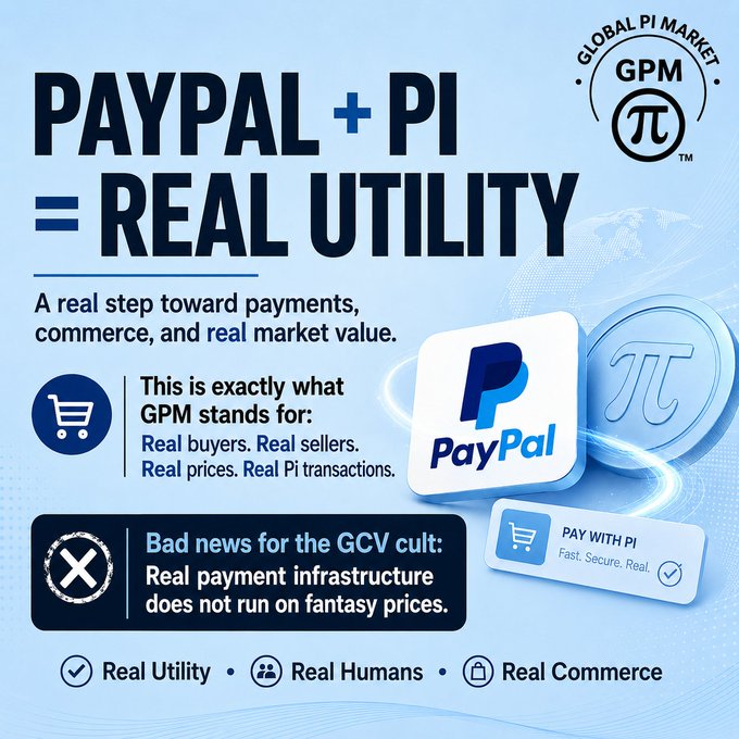 A promotional graphic for 'GLOBAL PI MARKET' (GPM) announcing 'PAYPAL + PI = REAL UTILITY,' with text emphasizing real buyers, real sellers, and a message that 'Real payment infrastructure does not run on fantasy prices.'