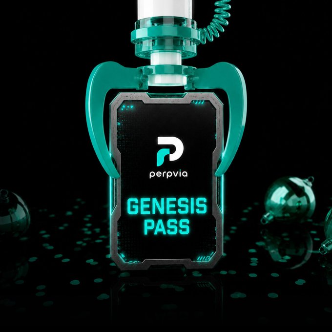 A promotional graphic for "perpvia Genesis Pass" displayed on a futuristic teal and silver device resembling a syringe or pass holder with Christmas ornaments in the background.