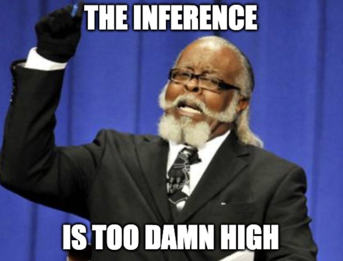 A meme image of an angry elderly Black man in a suit with a raised fist, overlaid with white text reading "THE INFERENCE" at the top and "IS TOO DAMN HIGH" at the bottom. The image humorously amplifies the post's advertisement promoting cheaper AI inference services (Kimi K3, DeepSeek v4 Flash, GLM 5.2) by suggesting current inference pricing is outrageously expensive.