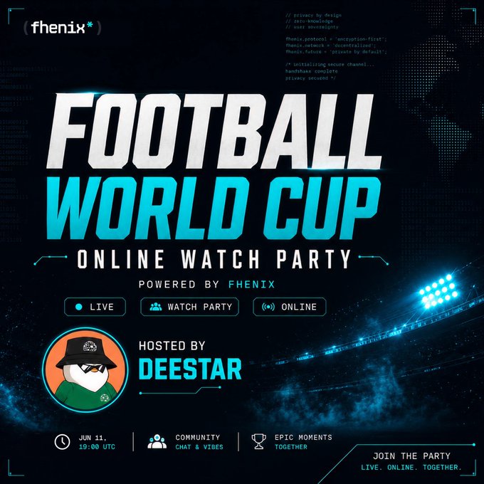 The image features a poster for an online watch party for the FIFA World Cup. The poster has a blue background with white text that reads "Football World Cup Online Watch Party" and includes a map of the world, a soccer ball, and a logo for a company named "fhenix". The poster also displays a photo of a soccer field with a player wearing an orange hat on it. The image is accompanied by a caption that says "i’ll be watching the first FIFA World Cup match live today on X join me for commentary and vibes on Mexico vs South Africa match partnering with @fhenix to make this happen join in, let's vibe together should be lotta fun".