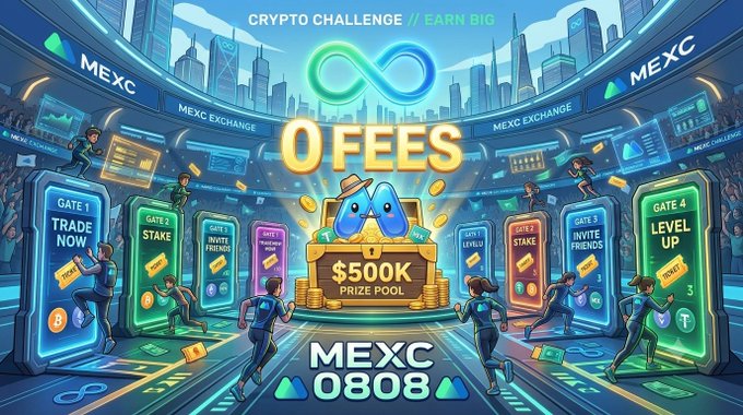 A vibrant promotional banner for MEXC's "0808" Crypto Challenge event, featuring glowing neon gates labeled "GATE 1 TRADE NOW," "GATE 2 STAKE," "GATE 3 INVITE FRIENDS," and "GATE 4 LEVEL UP," centered around a $500K prize pool and "0 FEES" announcement, illustrating the gamified mission structure where users earn tickets by completing tasks. The image directly complements the caption's emphasis on active participation across multiple missions to stack tickets and compete for the $500K prize pool, reinforcing the "0 fees, 8 missions, ∞ ways to play" theme.