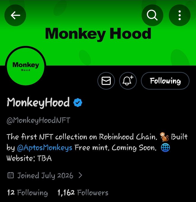 Twitter/X profile page for 'Monkey Hood' (@MonkeyHoodNFT) with green header, describing it as 'The first NFT collection on Robinhood Chain. Built by @AptosMonkeys Free mint. Coming Soon.' with 1,162 followers.