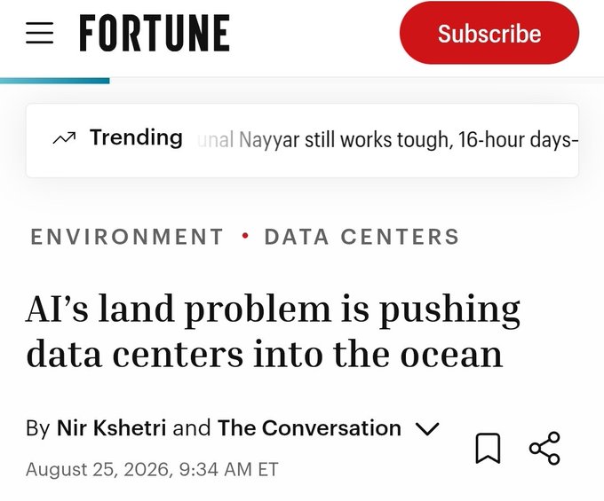 A Fortune magazine article headline reading 'AI's land problem is pushing data centers into the ocean' by Nir Kshetri and The Conversation, dated August 25, 2026.