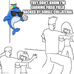 The image is a meme featuring a creature in sunglasses warning "THEY DON'T KNOW I'M EARNING FIXED YIELD BACKED BY SINGLE COLLATERAL," while stick figures below dance in a circle, contrasting with the post's message about TermMax offering a locked-in 3% fixed yield that eliminates the hassle of fluctuating floating interest rates.