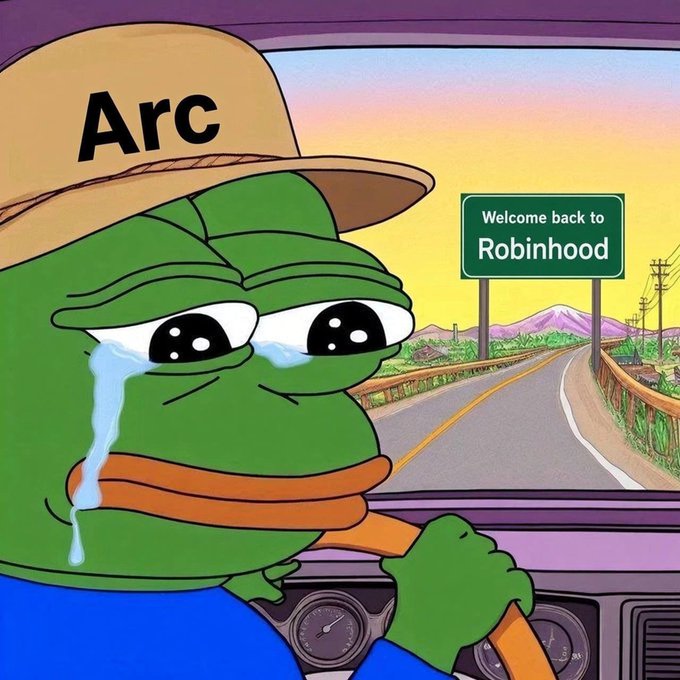 A crying Pepe the Frog wearing an "Arc" hat drives toward a "Welcome back to Robinhood" highway sign, humorously mourning the Arc browser's recent ban from Microsoft. The "lmao" caption reflects the irony and sadness of the meme character returning to Robinhood after being forced out of his preferred platform.