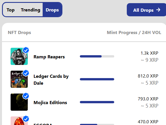 Screenshot of an NFT drops marketplace listing collections including 'Ramp Reapers' (1.3k XRP), 'Ledger Cards by Dale' (812.0 XRP), and 'Mojica Editions' (793.0 XRP).