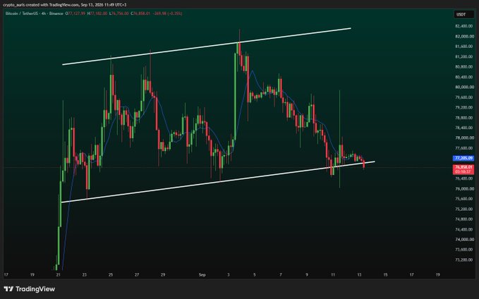 A TradingView 4-hour BTC/USD candlestick chart from September 11, 2026 shows Bitcoin's price consolidating between roughly $73,000 and $82,400 within a symmetrical triangle pattern, currently hovering near $76,958.96. The chart's tight range and recent pullback from the $80,000 high down to the $77,500 area visually supports the post's observation of a multi-week consolidation near the key 50-week EMA support level.
