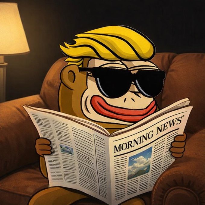 A cartoon illustration shows a smiling face wearing sunglasses and blonde hair, sitting in an armchair and reading a newspaper titled "MORNING NEWS."
