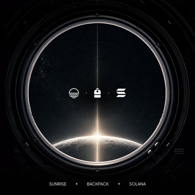 The image shows a view of Earth through an open window or door with a starry night sky background. The text "Sunrise" and "Backpack" are visible, possibly indicating that the image was taken during sunrise or sunset. The caption reads "NEWS: SPCX, 1:1 backed SpaceX shares is now live on Solana for 24/7 trading via @sunrisedefi". This suggests that the image might be related to a post about the stock market or space exploration, with a focus on the overnight trading of stocks and the rise of companies like SpaceX.