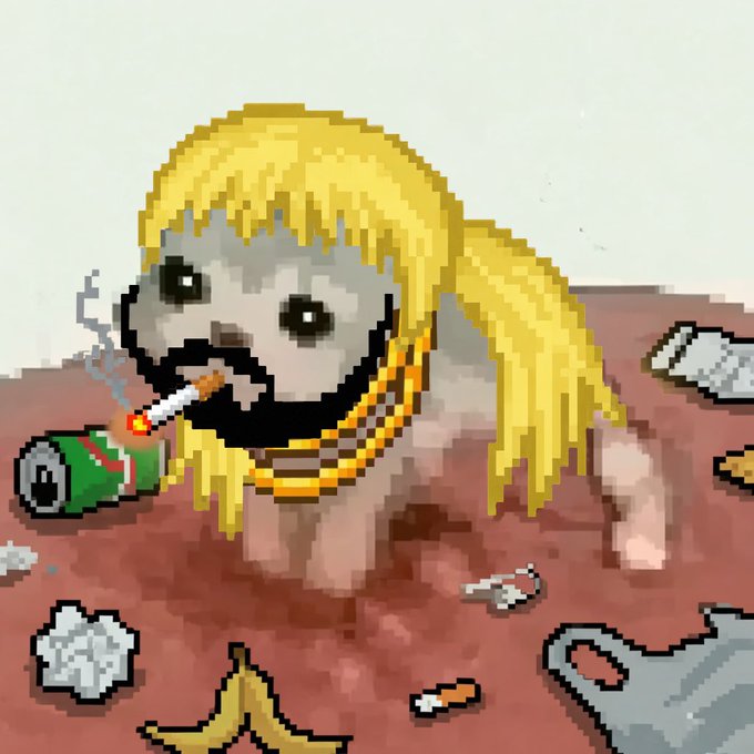 A pixel art style illustration of a pug dog wearing long blonde hair and gold chains, smoking a cigarette, with bullet casings and a green gun on a red ground.