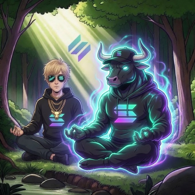 An anime-style illustration shows a young man with sunglasses and a horned anthropomorphic bull meditating side by side in a forest clearing, both wearing black hoodies with glowing neon accents and matching logo emblems.
