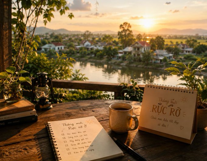 A wooden table by a lake at sunset holds books, a lantern, a mug of coffee, and notebooks with handwritten text reading 'Tháng mới Rực Rỡ'.