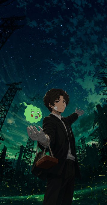 An anime-style illustration of a young man in a suit with a green ghost companion, set against a dark starry night sky with ruined city structures.