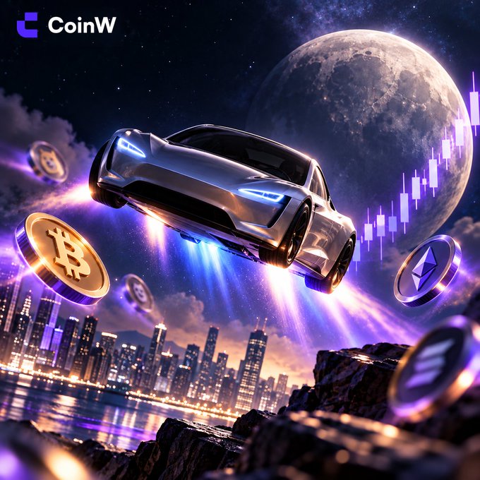 A digital illustration features a futuristic flying car above a cityscape at night, accompanied by floating Bitcoin and Ethereum coins and candlestick charts, with the 'CoinW' logo in the corner.