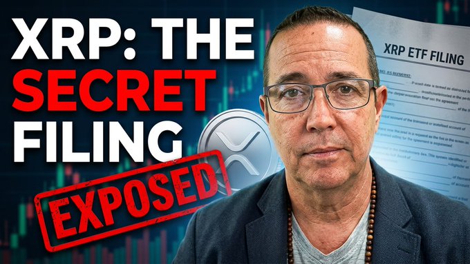 A YouTube thumbnail featuring a man with glasses alongside XRP branding, with bold text reading 'XRP: THE SECRET FILING EXPOSED' and an 'XRP ETF FILING' document shown in the background.