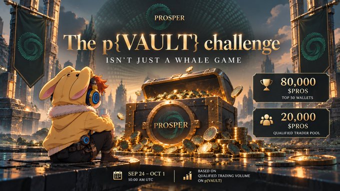 A promotional banner for "The p{VAULT} challenge" by Prosper, featuring a cartoon character next to a treasure chest, advertising an 80,000 $PROS top wallet reward and 20,000 $PROS qualified trader pool, running Sep 24 – Oct 1.