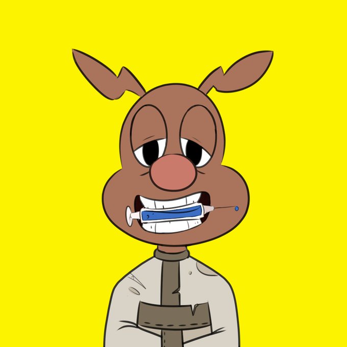 A cartoon drawing of a brown, wide-eyed character with bunny-like ears, gritted teeth, and a syringe in its mouth against a bright yellow background.