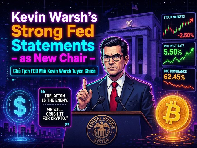 The image is a stylized digital illustration of Kevin Warsh speaking at a Federal Reserve podium, with bold text reading "Kevin Warsh's Strong Fed Statements – as New Chair" and a quote "INFLATION IS THE ENEMY. WE WILL CRUSH IT FOR CRYPTO." Side panels display Stock Markets at -2.50%, Interest Rate at 5.50%, and BTC Dominance at 62.45%, visually reinforcing the post's message about the Fed's hawkish stance and crypto's sideways reaction.