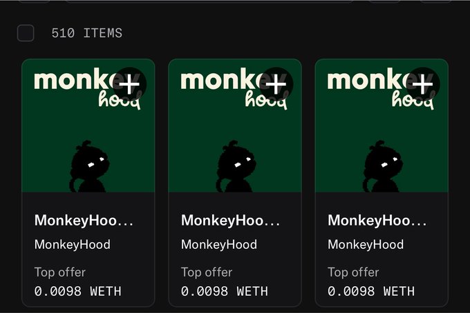 A digital marketplace listing showing three 'MonkeyHood' NFT items priced at '0.0098 WETH' each, with '510 ITEMS' indicated at the top.