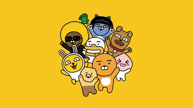 A group of cartoon characters including a frog, shark, bear, duck, rabbit, beaver, and others pose together on a bright yellow background.