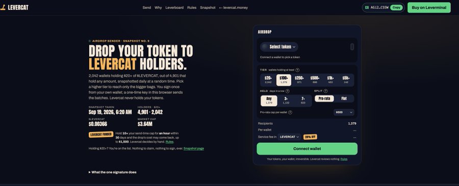 A website screenshot for 'LEVERCAT' detailing an airdrop event on Sep 19, 2026, where users can 'DROP YOUR TOKEN TO LEVERCAT HOLDERS'.