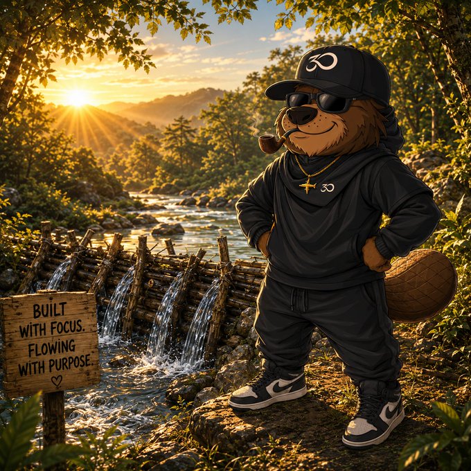 An animated bear character wearing a black cap and hoodie with a '30' logo, sunglasses, a beaver pendant, and sneakers stands by a stream with a wooden sign reading 'BUILT WITH FOCUS. FLOWING WITH PURPOSE.'