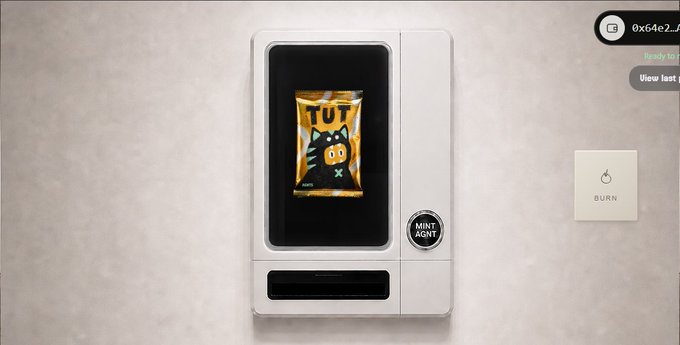 A digital interface showing a vending machine or minting interface for an NFT called 'TUT', featuring a cartoon cat and a 'BURN' button on the wall to the right.