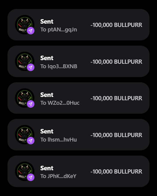 A crypto transaction history displays five separate outgoing transfers, each showing -100,000 BULLPURR tokens sent to different recipient wallet addresses (ptAN...gqJn, lqo3...BXNB, WZo2...0Huc, lhsm...hvHu, and JPhK...dKeY). This appears to be visual evidence supporting an airdrop campaign where 100,000 $BULLPURR tokens are being distributed to participants, with the presale link bullpurr.fun referenced in the accompanying post.
