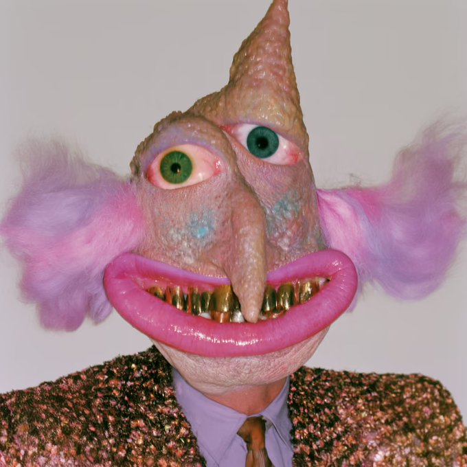 A surreal, grotesque mask or puppet head features a pink, elongated nose, wide green eyes, large pink lips with golden teeth, fluffy purple side appendages, and is worn by someone in a patterned jacket and lavender shirt.
