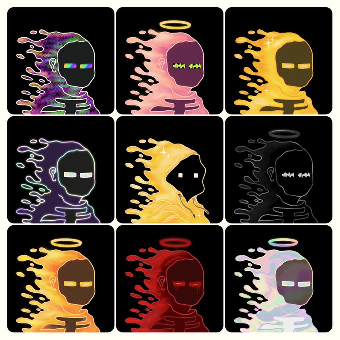 A 3x3 grid of stylized hooded figure illustrations in various colors (purple, pink, gold, black, red, iridescent), each with unique glowing eyes or halos and a dripping/melting aesthetic.