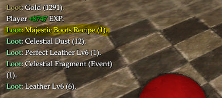 A video game screenshot showing loot drops on a wooden floor, including text: 'Loot: Gold (1291), Player +6737 EXP, Loot: Majestic Boots Recipe (1), Loot: Celestial Dust (12), Loot: Perfect Leather Lv6 (1), Loot: Celestial Fragment (Event) (1), Loot: Leather Lv6 (6).'
