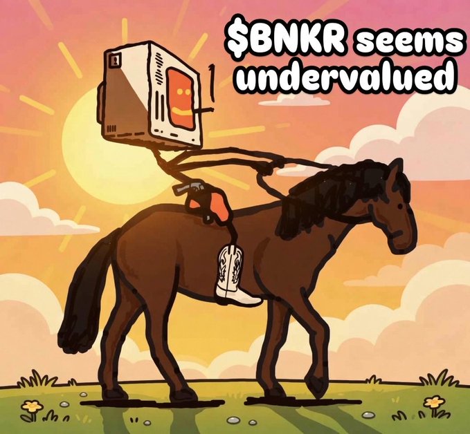 The image features a cartoon horse with a cowboy hat, carrying a television set over its back as it walks across a grassy field under a sunset sky. The text "$BNKR seems undervalued" suggests that the value of the television is being questioned or criticized by some people.