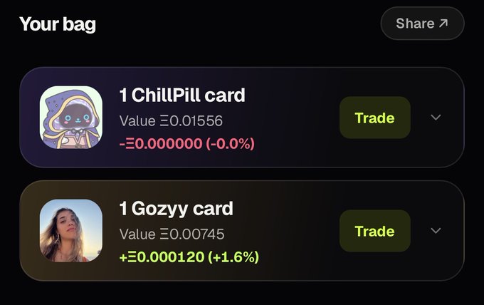 A digital wallet 'Your bag' screen displaying a ChillPill card valued at Ξ0.01556 and a Gozyy card valued at Ξ0.00745, each with a 'Trade' button.