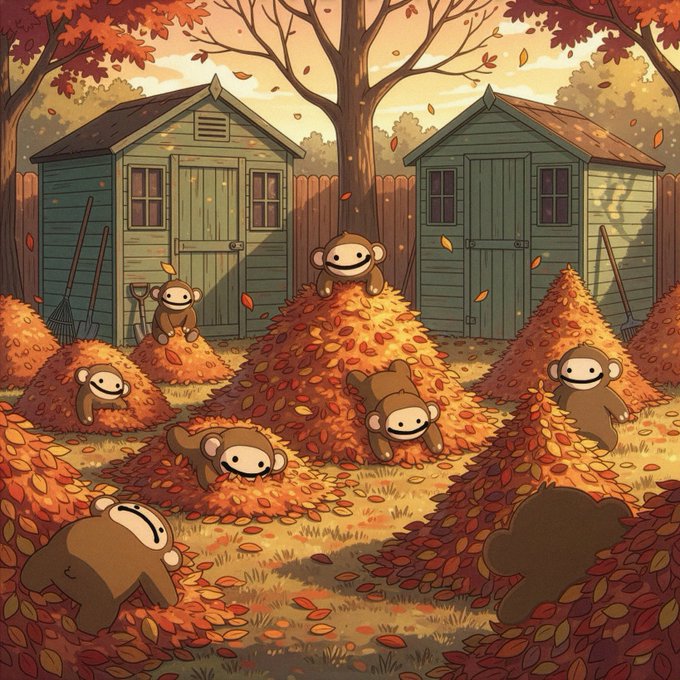 A whimsical autumn backyard scene features cute sock monkey puppets joyfully playing in piles of red and orange fallen leaves between two weathered wooden sheds, perfectly capturing the playful "Leaves down. Puppets up." fall sentiment.