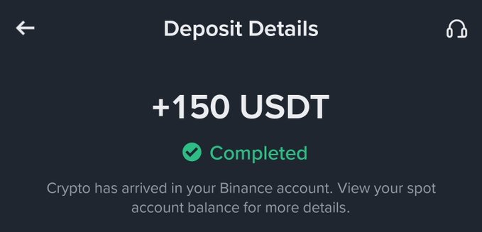 A dark-themed 'Deposit Details' screen showing '+150 USDT' marked as 'Completed' with the message 'Crypto has arrived in your Binance account.'