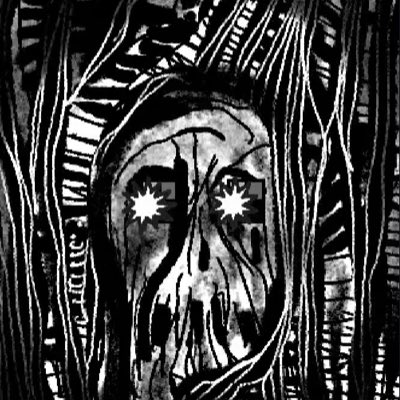A black and white illustration shows a stylized face with star-shaped eyes surrounded by vertical line patterns and what appears to be a logo reading 'ELTICA'.