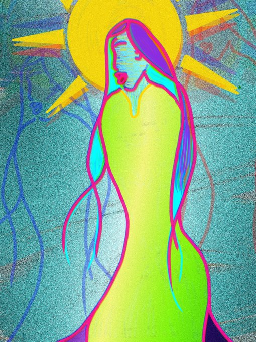 A vibrant, psychedelic digital illustration of a woman in a flowing green dress standing in front of a large yellow sun, rendered in neon pink, cyan, and yellow hues.