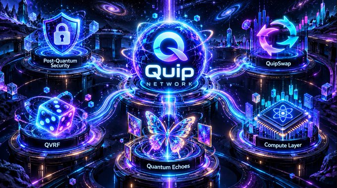 A futuristic digital graphic displays 'Quip NETWORK' in the center surrounded by labels including 'Post-Quantum Security', 'QuipSwap', 'QVRF', 'Quantum Echoes', and 'Compute Layer'.