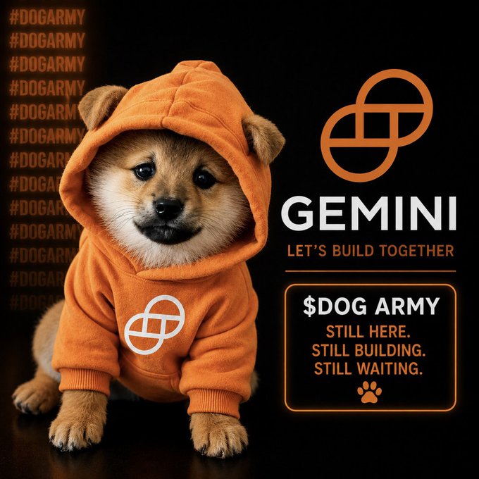 A digital promotional graphic featuring a Shiba Inu dog wearing an orange hoodie, with '#DOGARMY' repeated on the left and 'GEMINI - LET'S BUILD TOGETHER' and '$DOG ARMY STILL HERE. STILL BUILDING. STILL WAITING.' on the right.