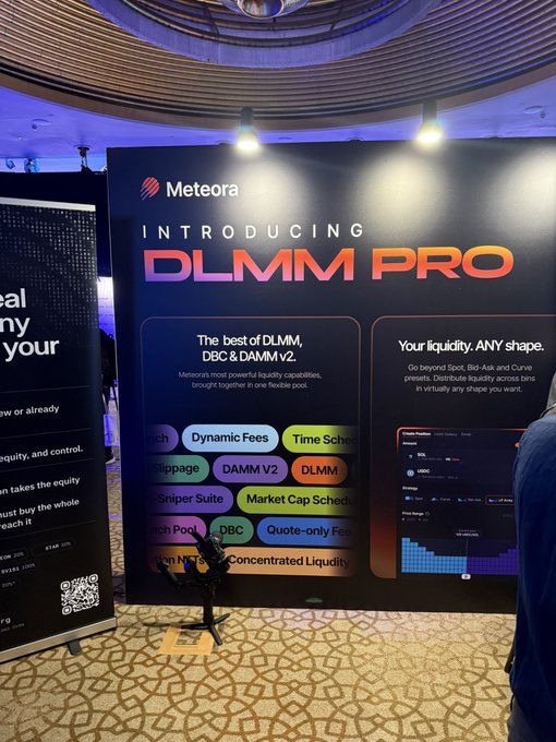 A convention booth for 'Meteora' introducing 'DLMM PRO,' highlighting features like Dynamic Fees, DAMM V2, DLMM, Sniper Suite, Market Cap Scheduler, DBC, and Quote-only Fees for managing liquidity.