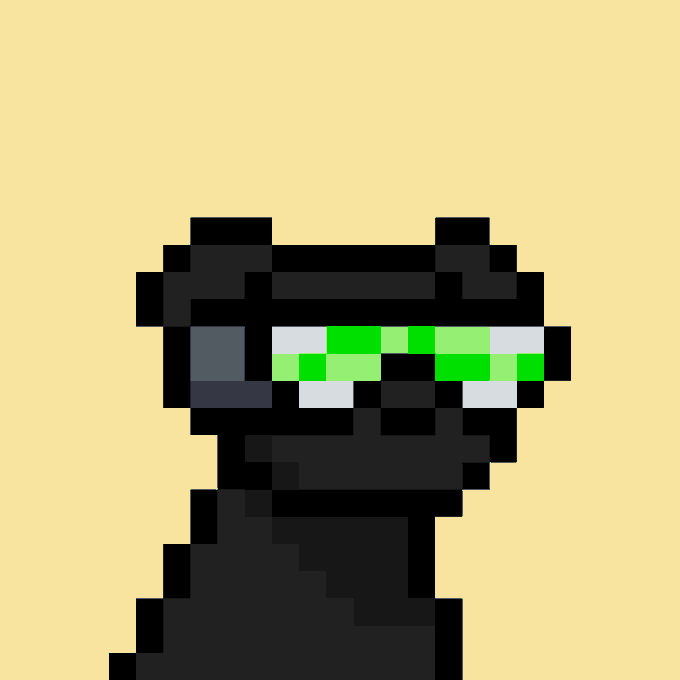 A pixel art illustration of a black ninja-like figure wearing a green headband against a yellow background.