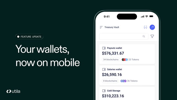 A promotional graphic for 'utila' announcing a 'FEATURE UPDATE' with the text 'Your wallets, now on mobile,' displaying a smartphone interface showing a Treasury Vault with Payouts, Salaries, and Cold Storage wallets totaling over $900,000.