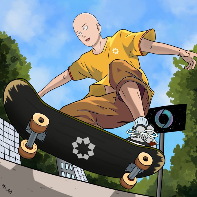 An anime-style illustration depicts Saitama from One Punch Man performing a skateboard trick mid-air, wearing his signature yellow jumpsuit against a blue sky with trees and buildings below.