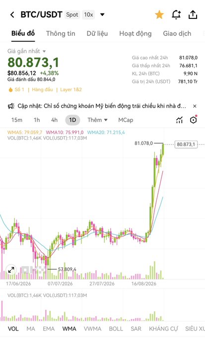 Binance spot trading chart for BTC/USDT showing price at 80.873,1 (+4,38%), 24h high 81.078,0, on a 1D timeframe.