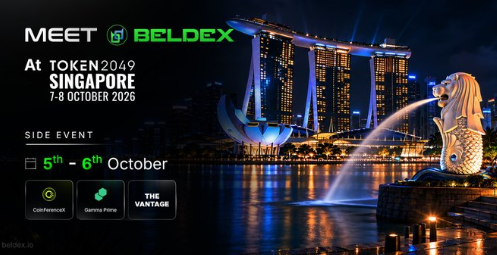 Promotional graphic reading "MEET @BELDEX AT TOKEN2049 SINGAPORE 7-8 OCTOBER 2026" with "SIDE EVENT 5th-6th October" at CoinFerenceX, Games Prime, and The Vantage, featuring the Marina Bay Sands and Merlion.
