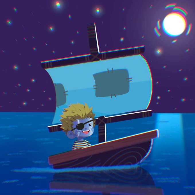 A digital illustration of a young blonde boy wearing an eye patch and striped shirt, standing on a wooden pirate ship sailing on blue water under a starry purple night sky with a glowing moon.