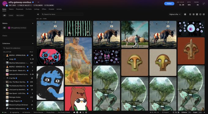 A screenshot of an NFT marketplace profile for 'nifty-gateway-omnibus' displaying various digital artworks including cows, masks, and tree illustrations.