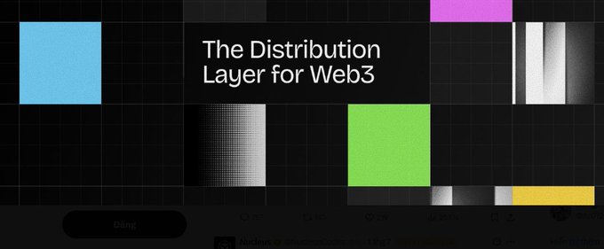 A graphic with the text "The Distribution Layer for Web3" displayed on a black background with colorful geometric squares and a grid pattern.