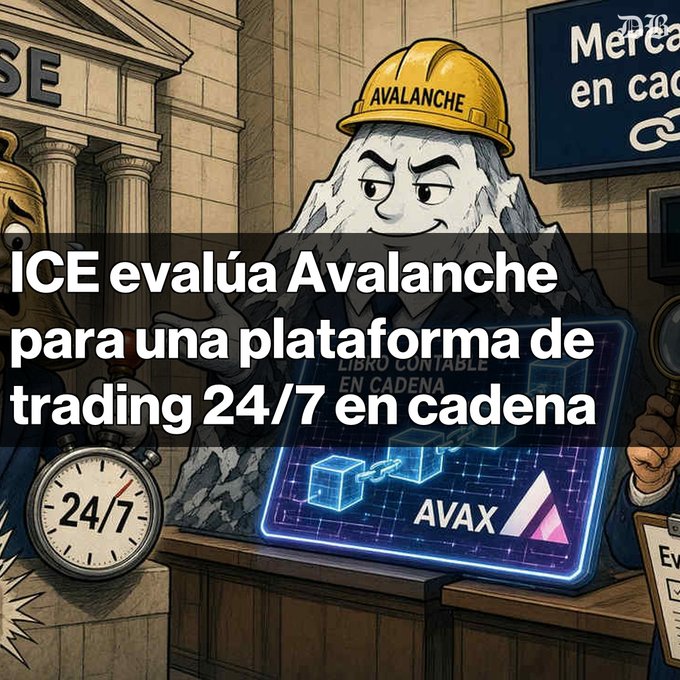 A cartoon illustration of a mountain character wearing a yellow 'AVALANCHE' hard hat, with Spanish text reading 'ICE evalúa Avalanche para una plataforma de trading 24/7 en cadena' featuring AVAX branding.